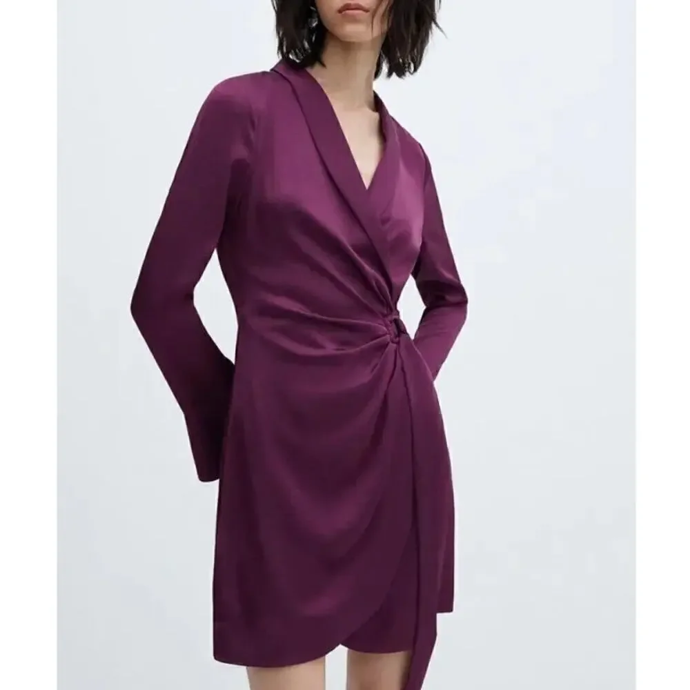 Mango Florence Dress Satin Long Sleeve Buckled Wrap Mini Purple NWT 4
